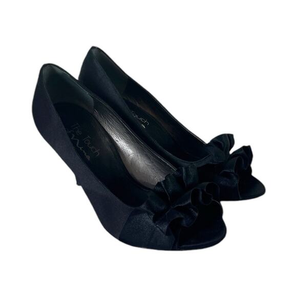Nina Pump 3 1/2” Heel Black Satin Ruffle Peep Toe Closed Back Women’s Size 7.5M - Picture 11 of 11